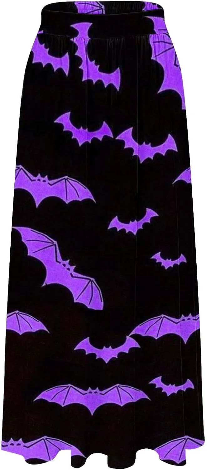 Halloween Tutu Skirt High Waist Party Beach Pocket Long Maxi Skirt Halloween bat Pattern Womens Summer Skirts Tulle