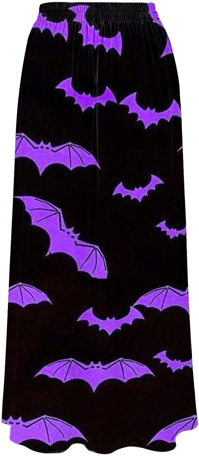 Halloween Tutu Skirt High Waist Party Beach Pocket Long Maxi Skirt Halloween bat Pattern Womens Summer Skirts Tulle
