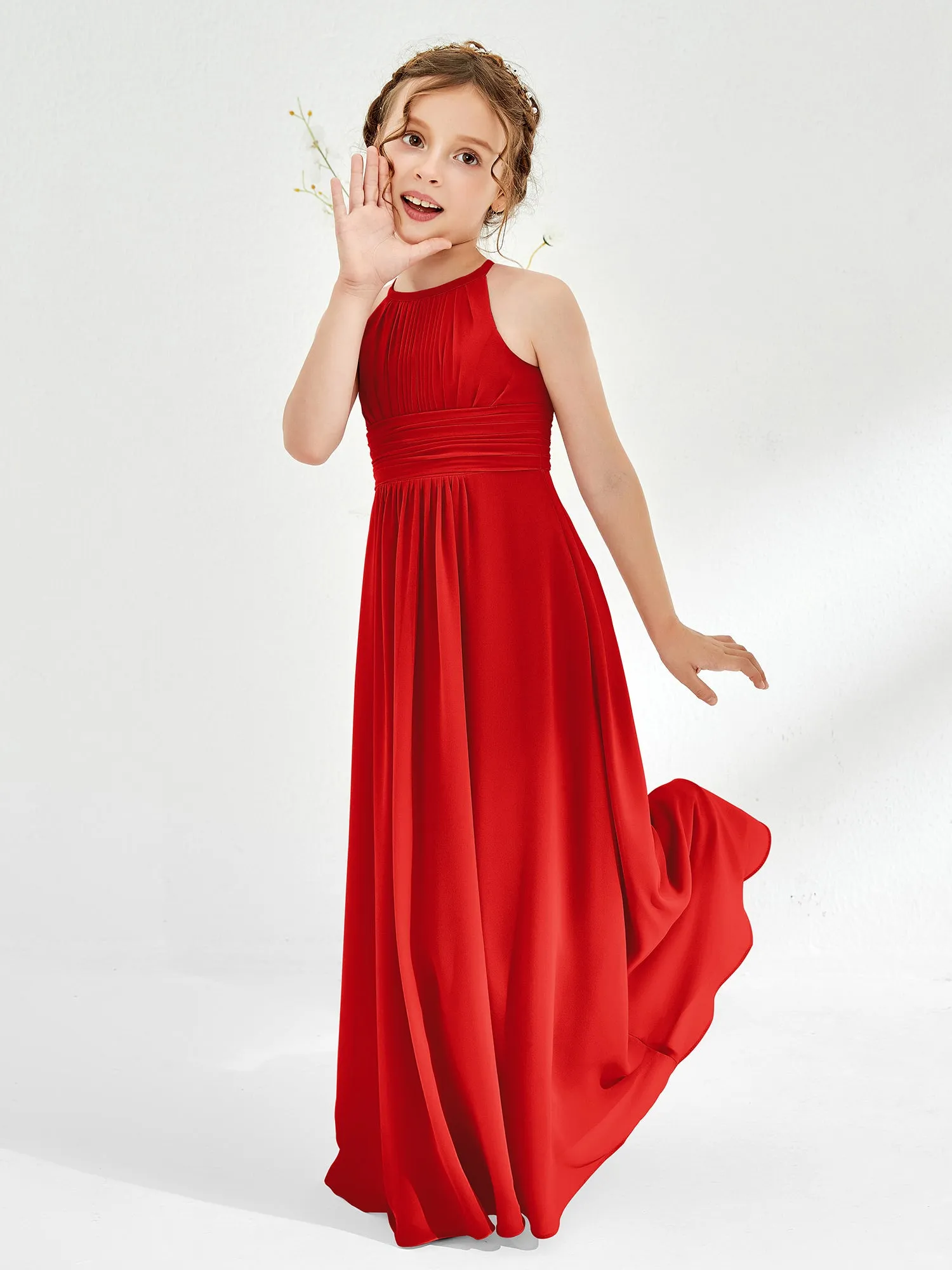 Halter Chiffon Junior Bridesmaid Dresses Red