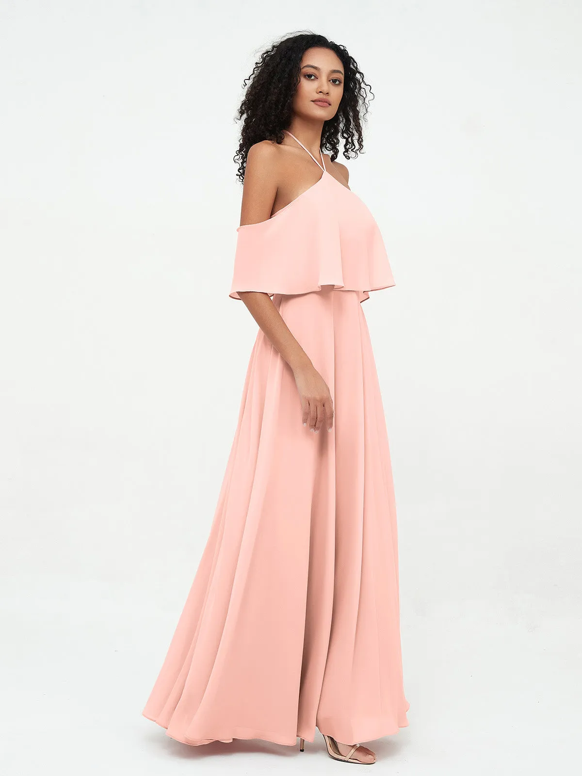 Halter Off the Shoulder Max Dresses with Pockets-Coral Plus Size