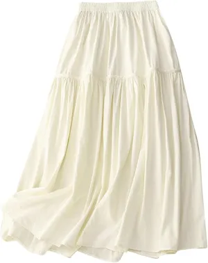 HGps8w Womens Maxi Skirt Retro Casual Elastic Waist Solid Color Pleated Skirts