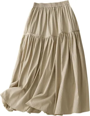 HGps8w Womens Maxi Skirt Retro Casual Elastic Waist Solid Color Pleated Skirts
