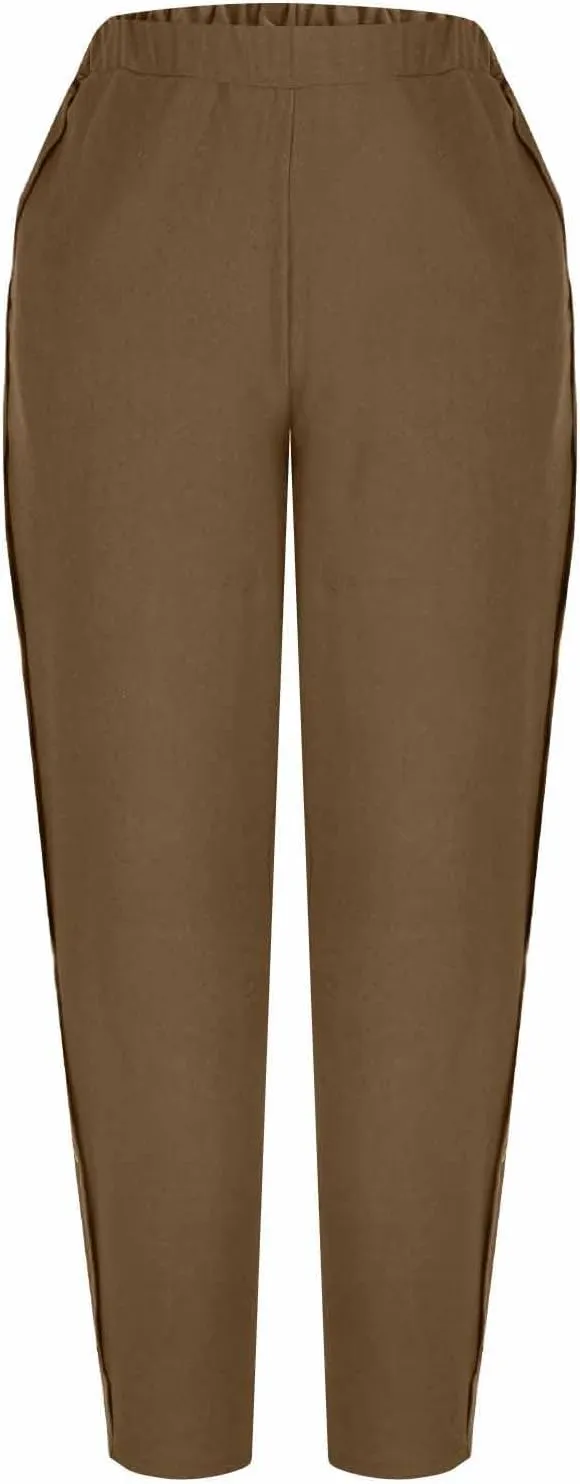 High Waisted Pants for Women Casual Linen Slacks Loose Wide Leg Trousers Side Button Elastic Waist Straight Pants