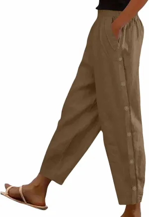 High Waisted Pants for Women Casual Linen Slacks Loose Wide Leg Trousers Side Button Elastic Waist Straight Pants