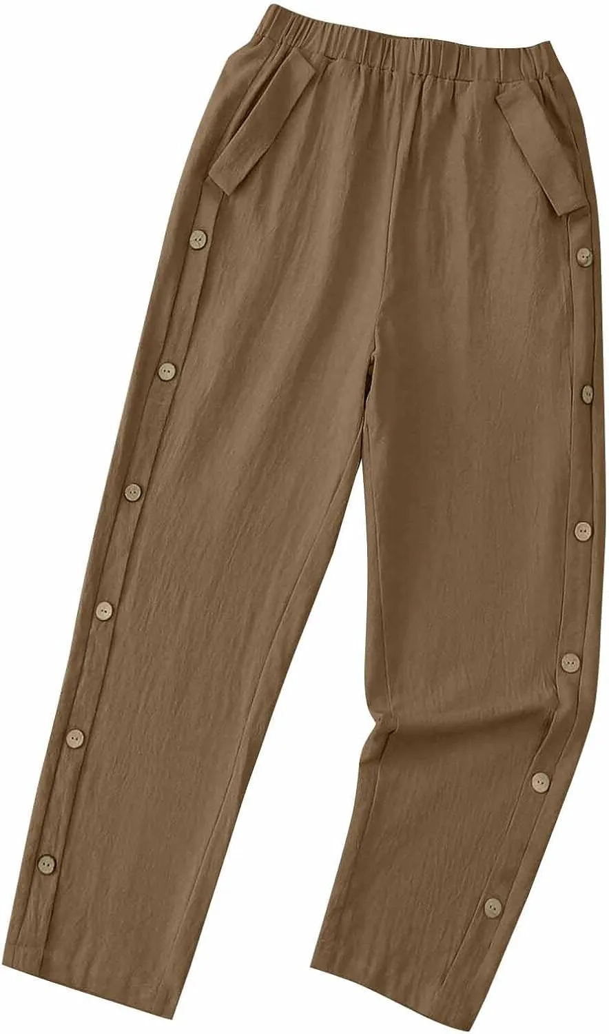 High Waisted Pants for Women Casual Linen Slacks Loose Wide Leg Trousers Side Button Elastic Waist Straight Pants