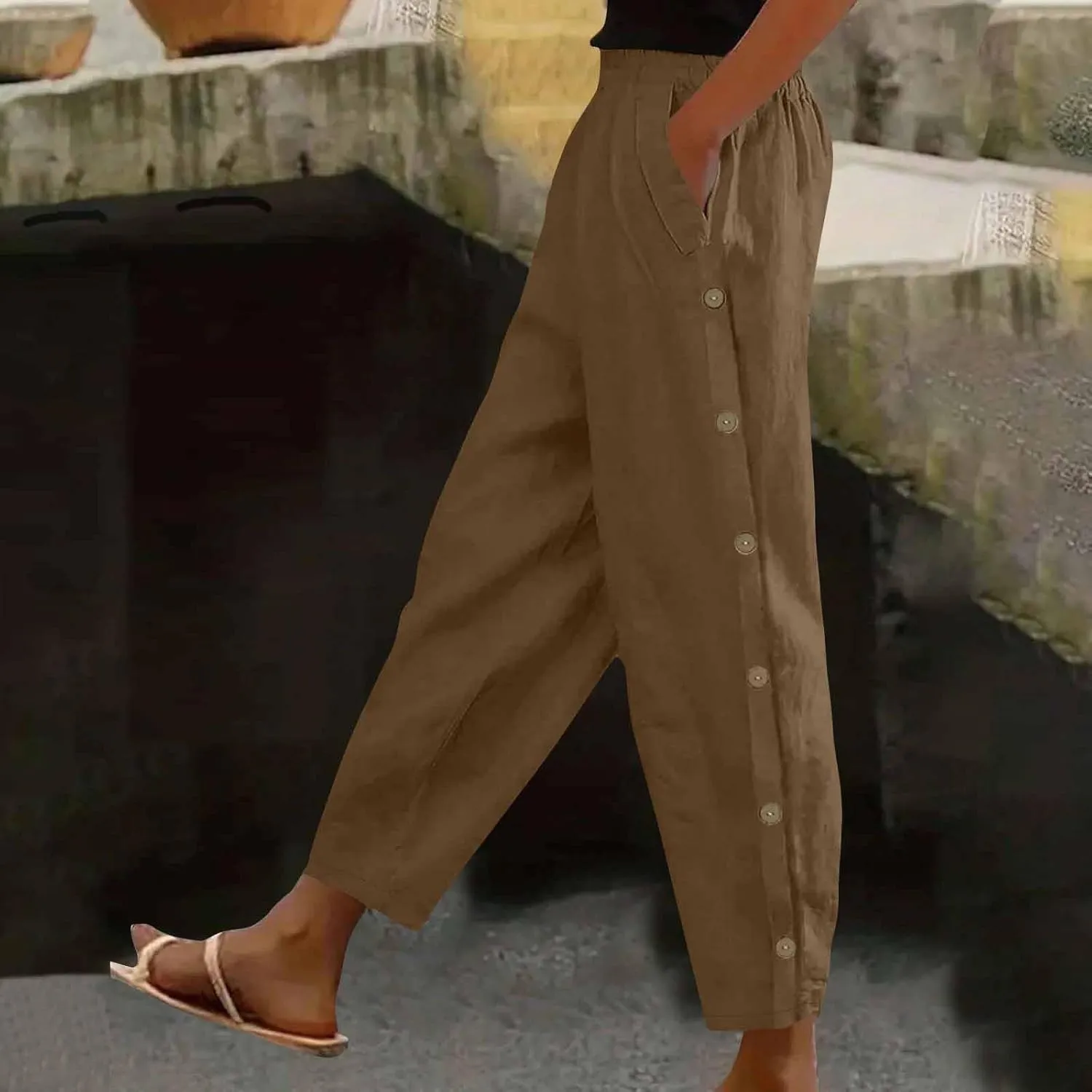 High Waisted Pants for Women Casual Linen Slacks Loose Wide Leg Trousers Side Button Elastic Waist Straight Pants