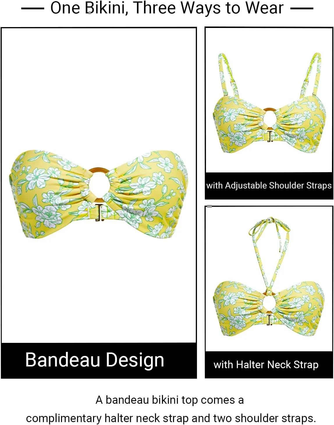 Holipick Bandeau Bikini Top for Women Strapless Swimsuit Tops Only Bathing Suit Tops with Shoulder Straps