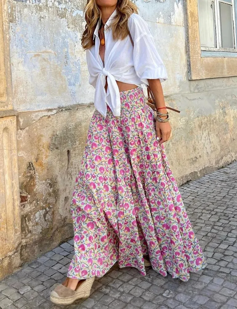 IDEALSANXUN Floral Skirts for Women Spring Summer Casual Flowy A Line Elastic High Waisted Boho Long Maxi Skirt