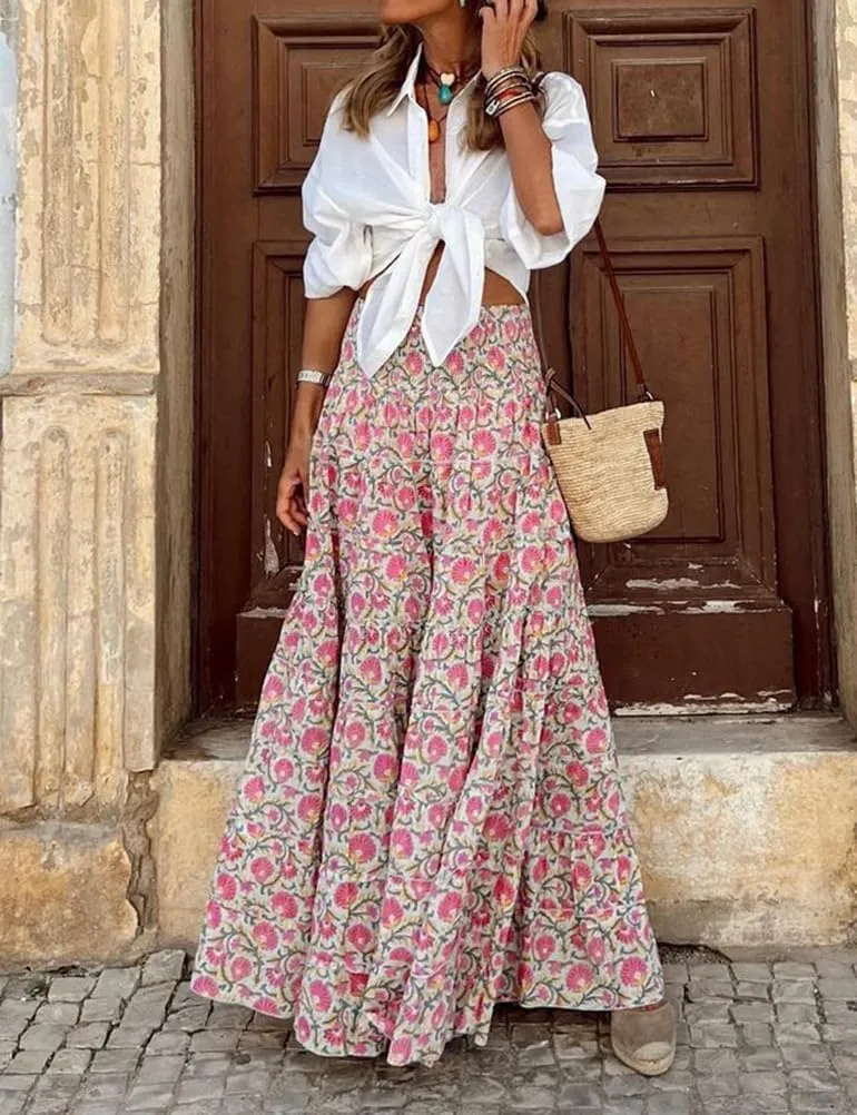 IDEALSANXUN Floral Skirts for Women Spring Summer Casual Flowy A Line Elastic High Waisted Boho Long Maxi Skirt