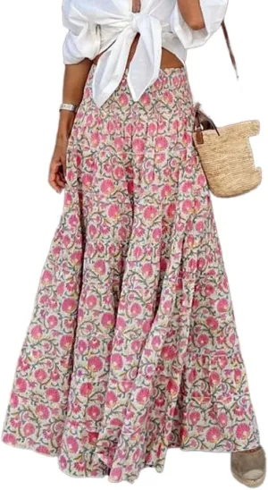 IDEALSANXUN Floral Skirts for Women Spring Summer Casual Flowy A Line Elastic High Waisted Boho Long Maxi Skirt