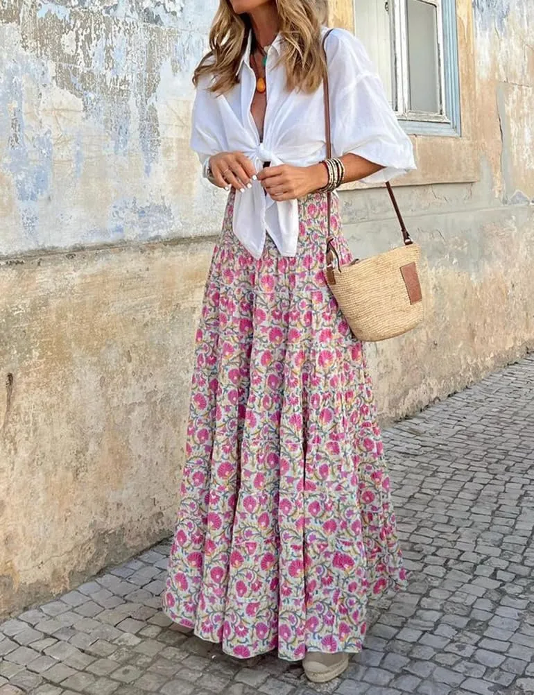 IDEALSANXUN Floral Skirts for Women Spring Summer Casual Flowy A Line Elastic High Waisted Boho Long Maxi Skirt