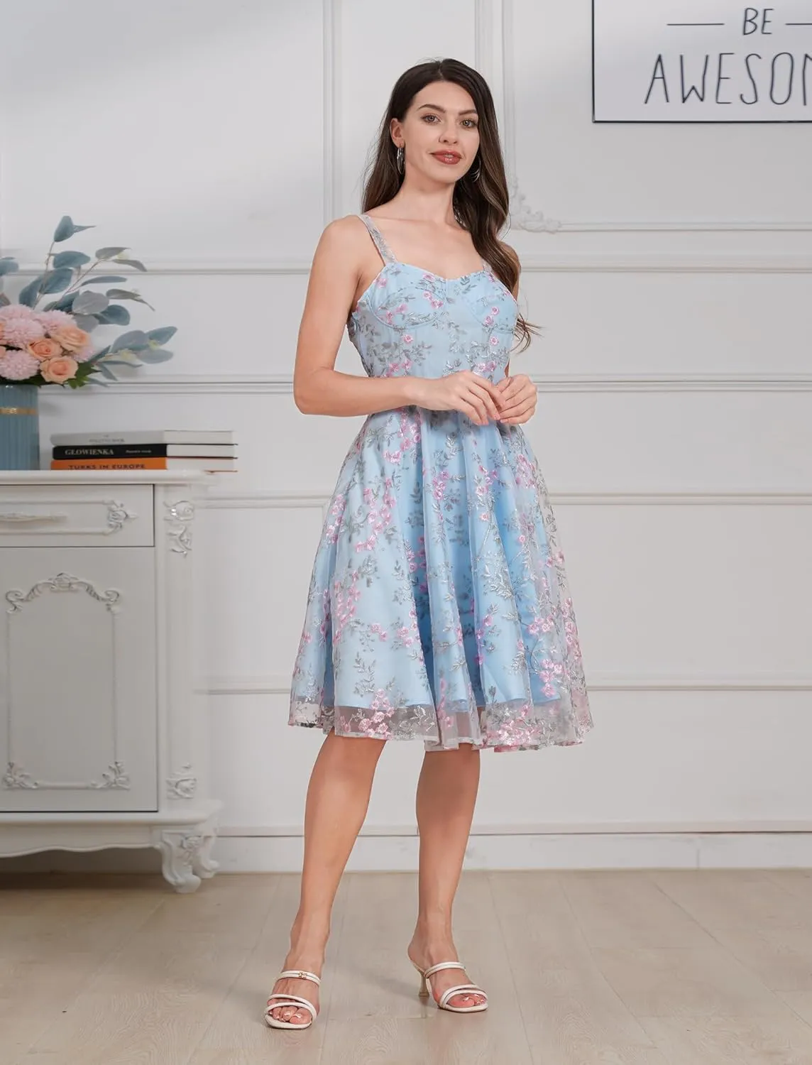 IDOPIP Women Vintage Floral Embroidery Mesh Dress 1950s Elegant Cocktail Party Swing Dress Formal A-Line Tulle Prom Gown