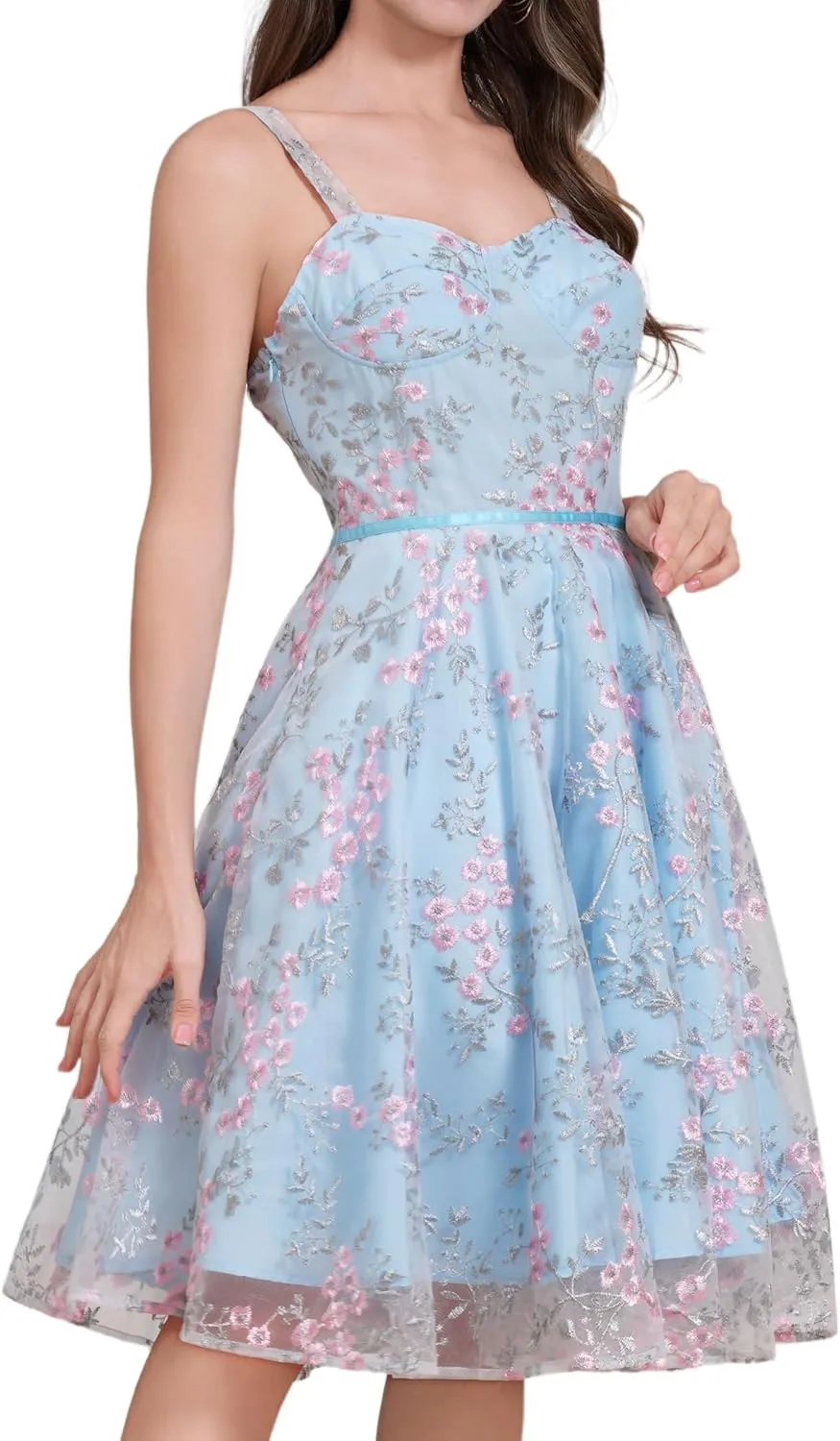 IDOPIP Women Vintage Floral Embroidery Mesh Dress 1950s Elegant Cocktail Party Swing Dress Formal A-Line Tulle Prom Gown