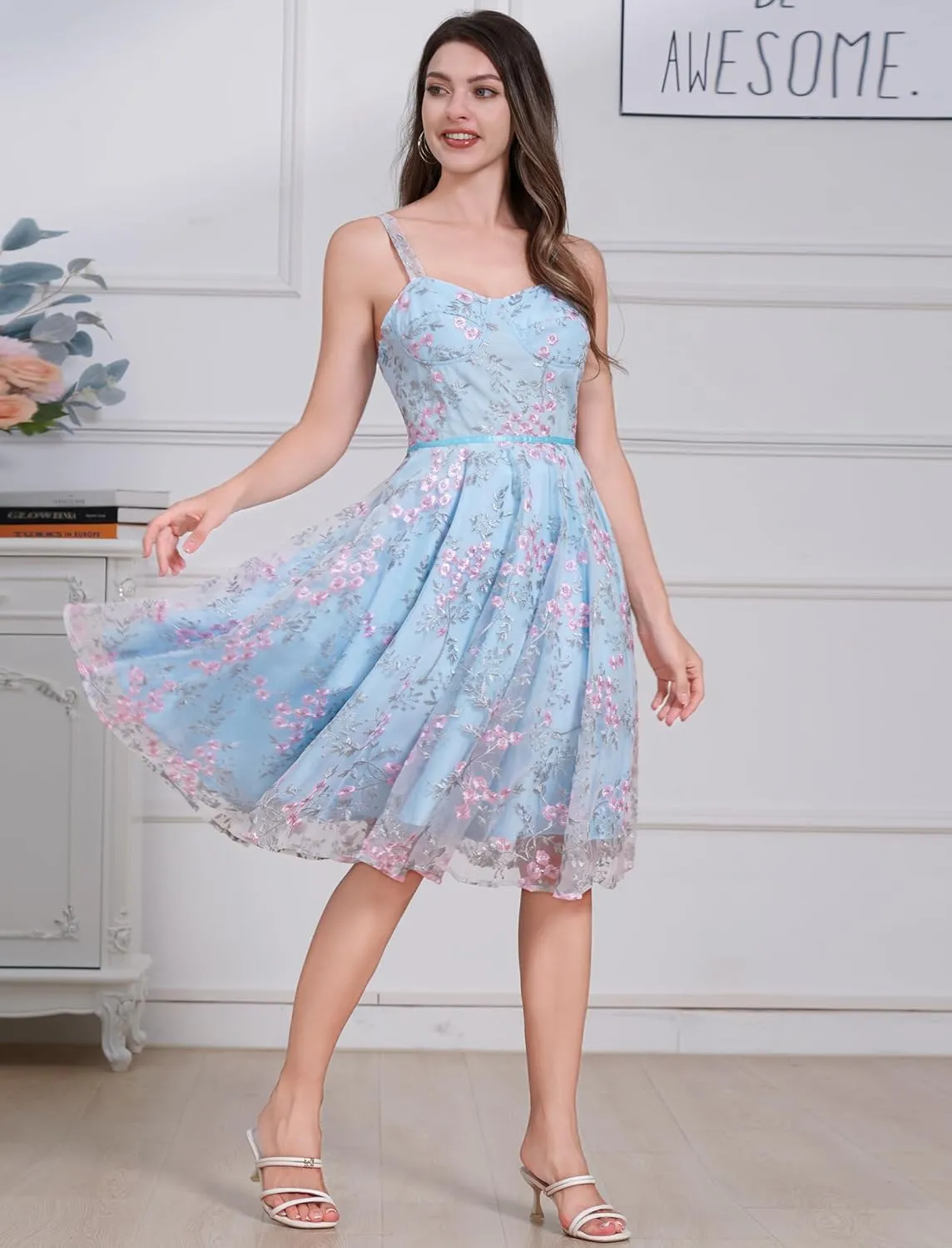 IDOPIP Women Vintage Floral Embroidery Mesh Dress 1950s Elegant Cocktail Party Swing Dress Formal A-Line Tulle Prom Gown