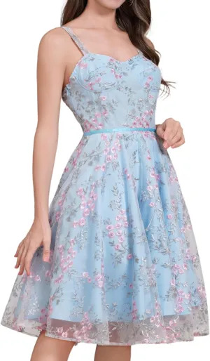 IDOPIP Women Vintage Floral Embroidery Mesh Dress 1950s Elegant Cocktail Party Swing Dress Formal A-Line Tulle Prom Gown