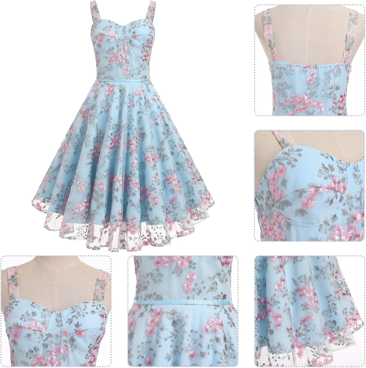 IDOPIP Women Vintage Floral Embroidery Mesh Dress 1950s Elegant Cocktail Party Swing Dress Formal A-Line Tulle Prom Gown