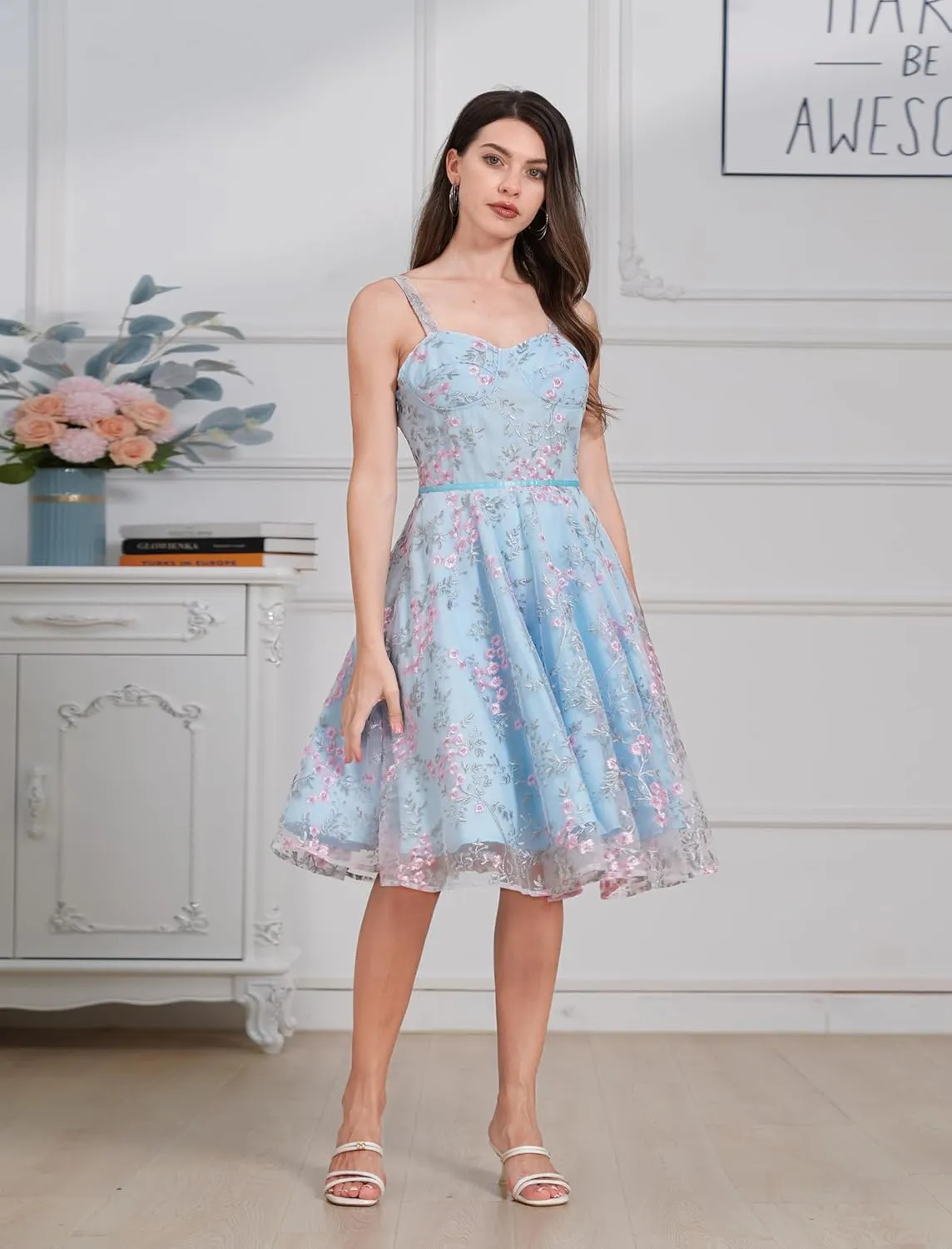 IDOPIP Women Vintage Floral Embroidery Mesh Dress 1950s Elegant Cocktail Party Swing Dress Formal A-Line Tulle Prom Gown
