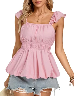 Kate Kasin Cute Ruffle Babydoll Tank Tops for Women Casual Summer Square Neck Sleeveless Peplum Tops Shirts