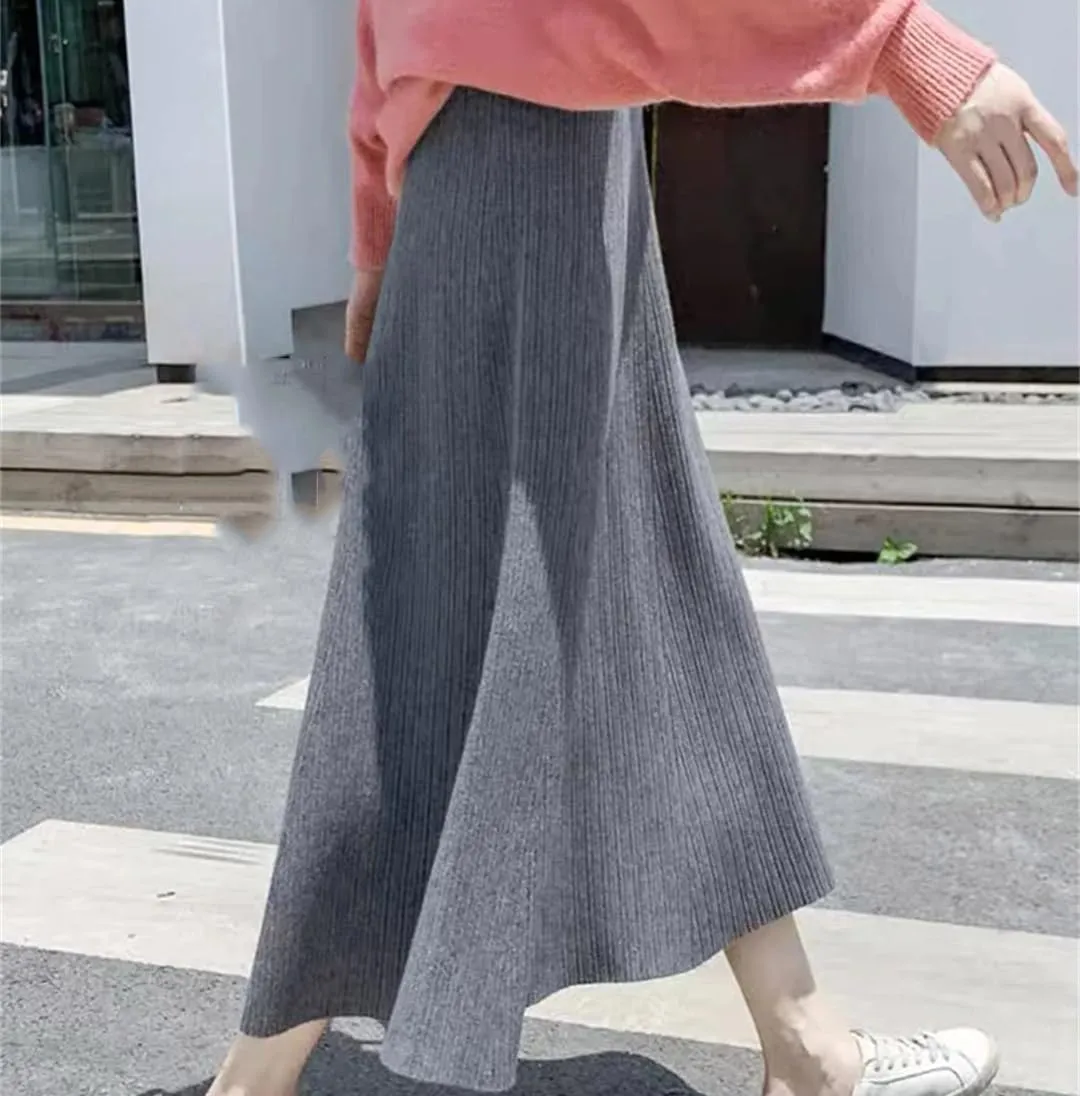 Knitted Long Skirts Women Pleated Skirt Female Autumn Winter Loose Midi Skirt Ladies High Waist Skirts