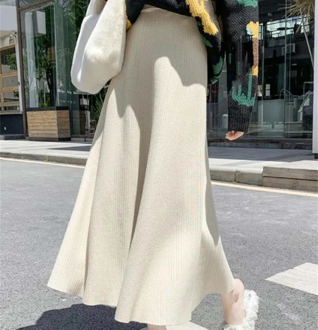 Knitted Long Skirts Women Pleated Skirt Female Autumn Winter Loose Midi Skirt Ladies High Waist Skirts