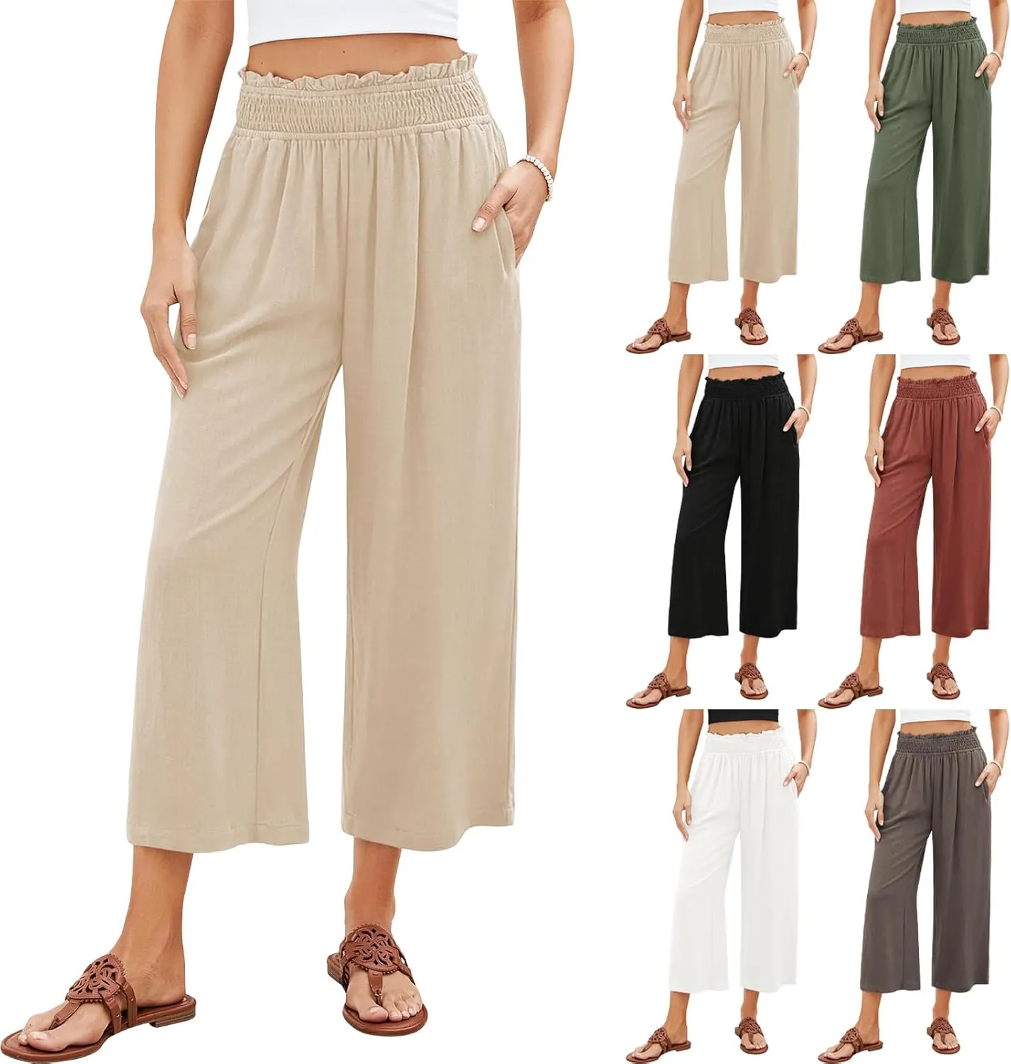 Kubbon Capri Pants for Women Cotton Linen Palazzo Pants High Waist Wide Leg Casual Loose Pant Flowy Trousers with Pockets