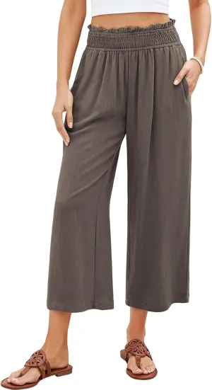 Kubbon Capri Pants for Women Cotton Linen Palazzo Pants High Waist Wide Leg Casual Loose Pant Flowy Trousers with Pockets