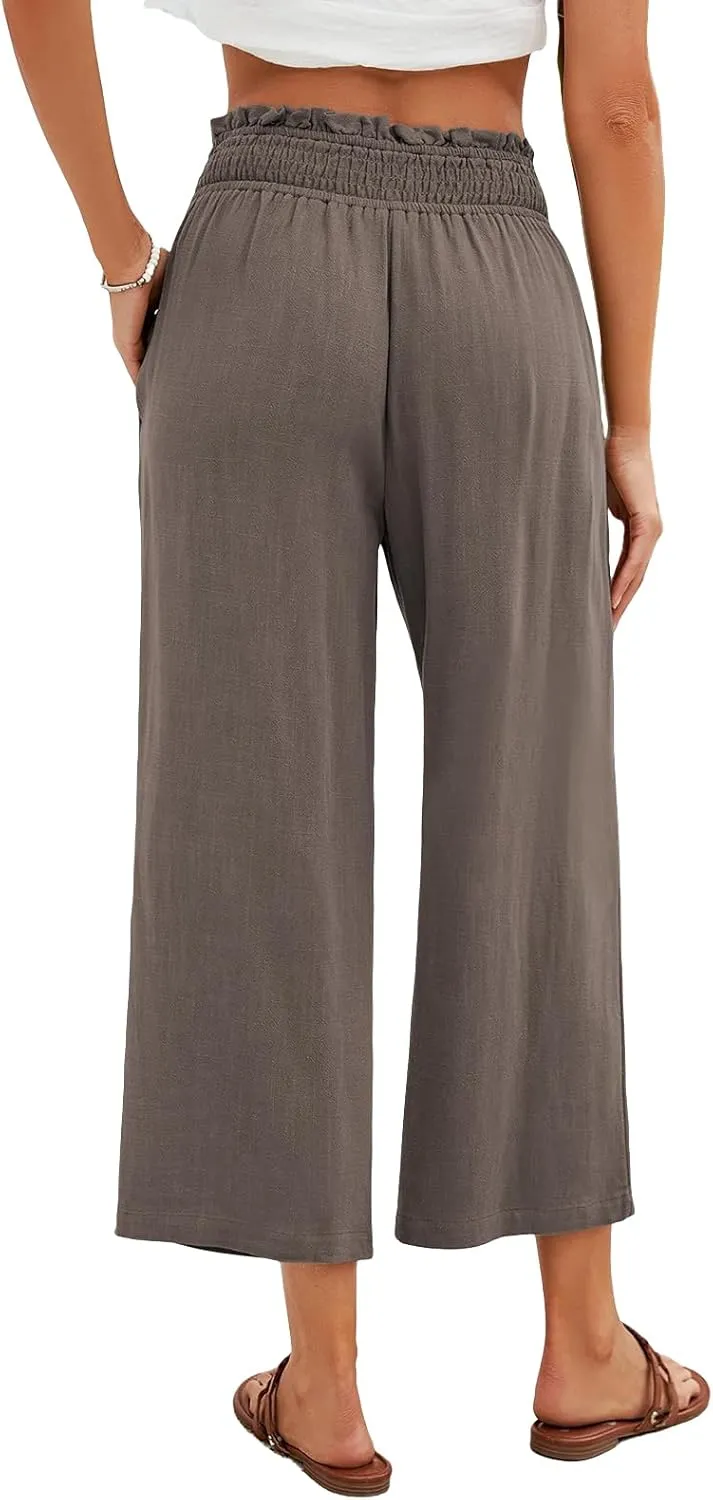 Kubbon Capri Pants for Women Cotton Linen Palazzo Pants High Waist Wide Leg Casual Loose Pant Flowy Trousers with Pockets