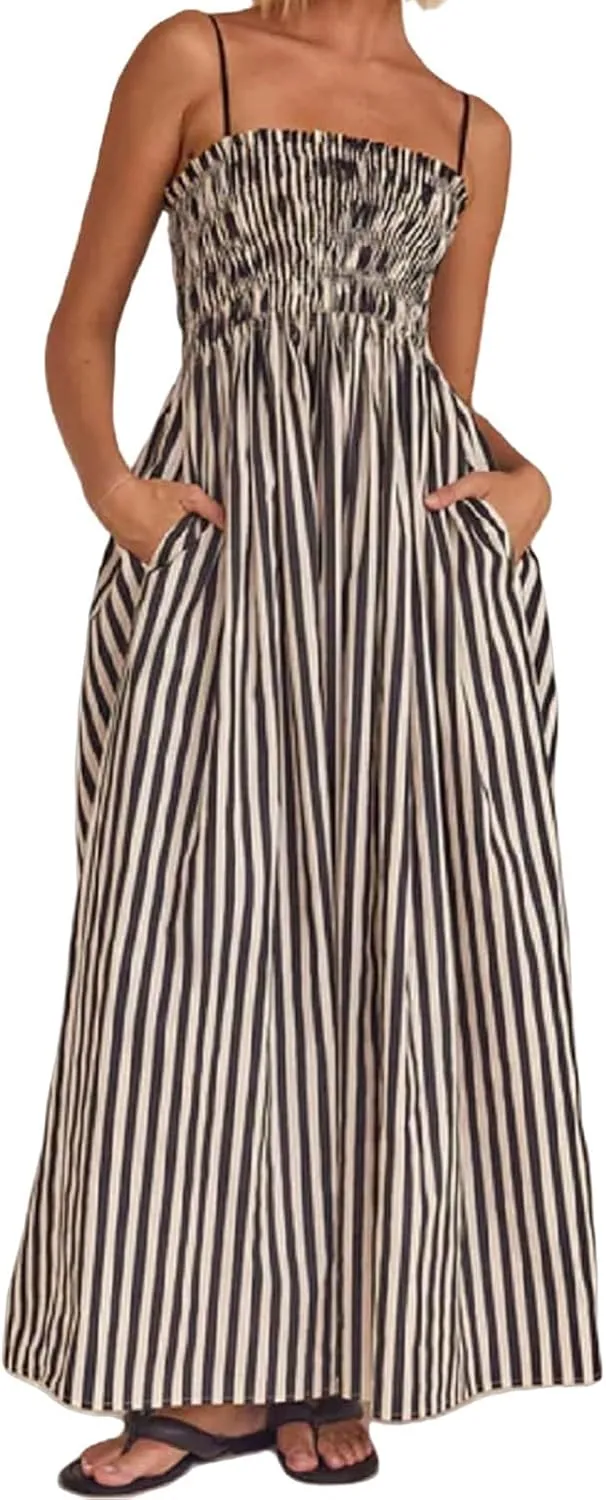 Kubbon Maxi Dress for Women Sleeveless Striped Sundress Spaghetti Strap Boho Long Dresses Flowy Swing Beach A Line Dress