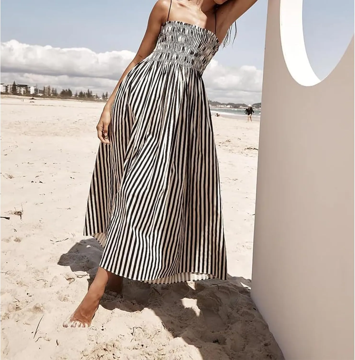 Kubbon Maxi Dress for Women Sleeveless Striped Sundress Spaghetti Strap Boho Long Dresses Flowy Swing Beach A Line Dress