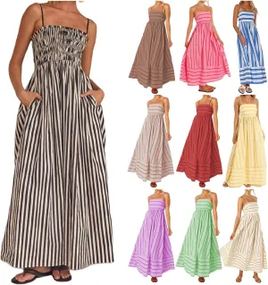Kubbon Maxi Dress for Women Sleeveless Striped Sundress Spaghetti Strap Boho Long Dresses Flowy Swing Beach A Line Dress