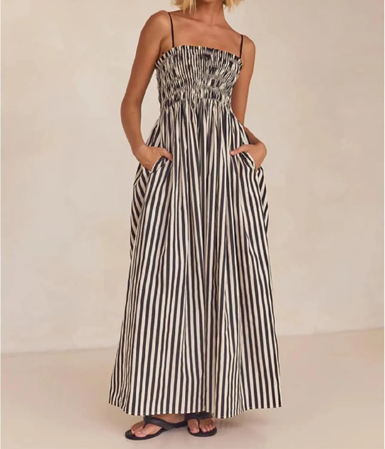 Kubbon Maxi Dress for Women Sleeveless Striped Sundress Spaghetti Strap Boho Long Dresses Flowy Swing Beach A Line Dress