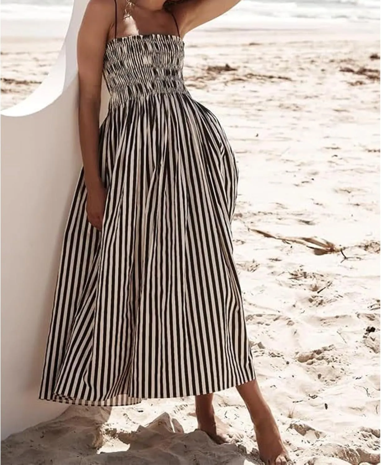 Kubbon Maxi Dress for Women Sleeveless Striped Sundress Spaghetti Strap Boho Long Dresses Flowy Swing Beach A Line Dress