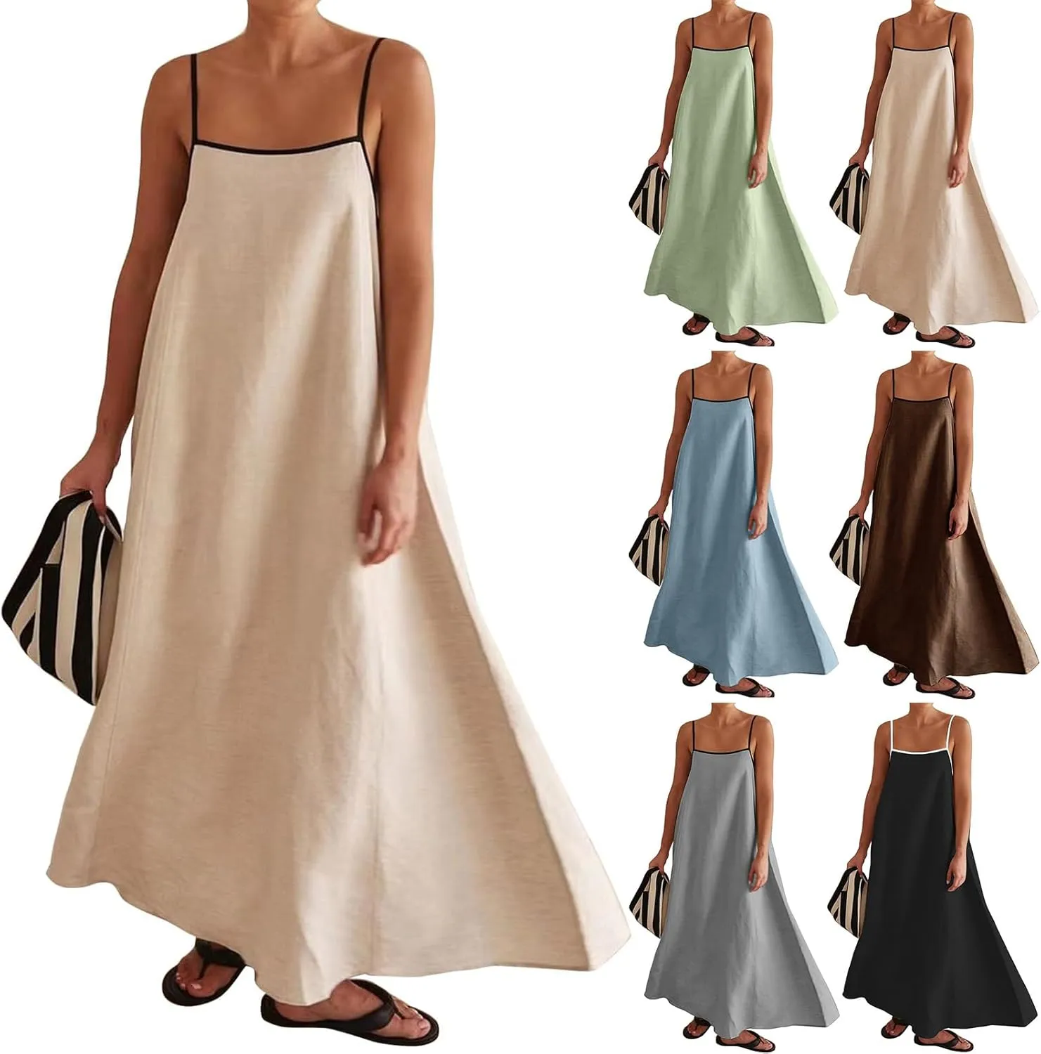 Kubbon Womens Linen Maxi Dress 2025 Summer Contrast Spaghetti Strap Dress Casual Sleeveless T Shirt Beach Dresses