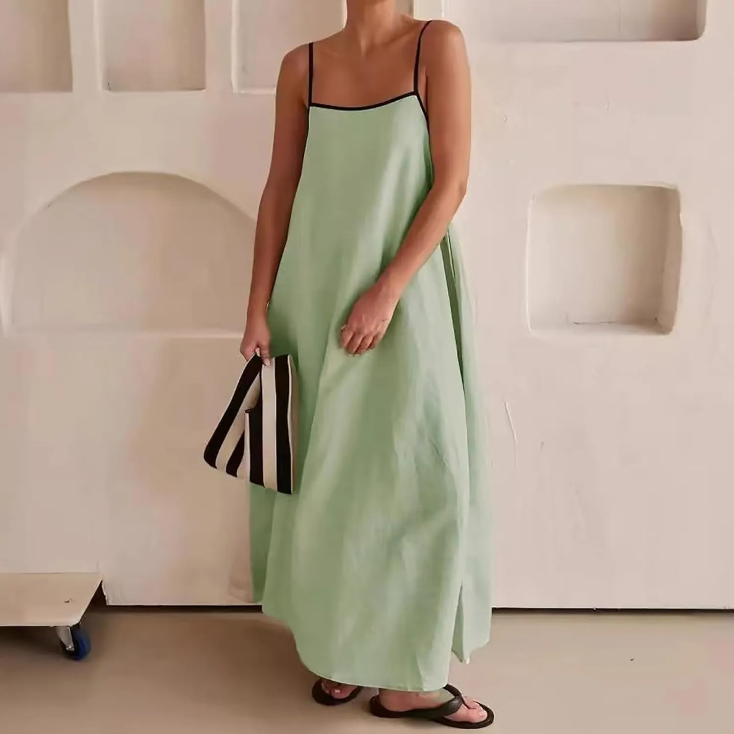 Kubbon Womens Linen Maxi Dress 2025 Summer Contrast Spaghetti Strap Dress Casual Sleeveless T Shirt Beach Dresses