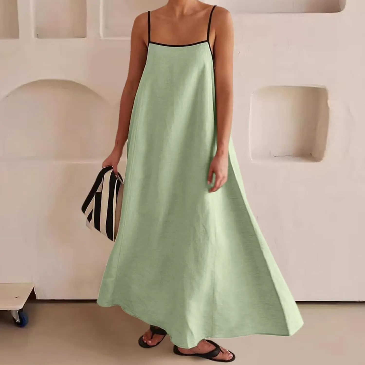 Kubbon Womens Linen Maxi Dress 2025 Summer Contrast Spaghetti Strap Dress Casual Sleeveless T Shirt Beach Dresses
