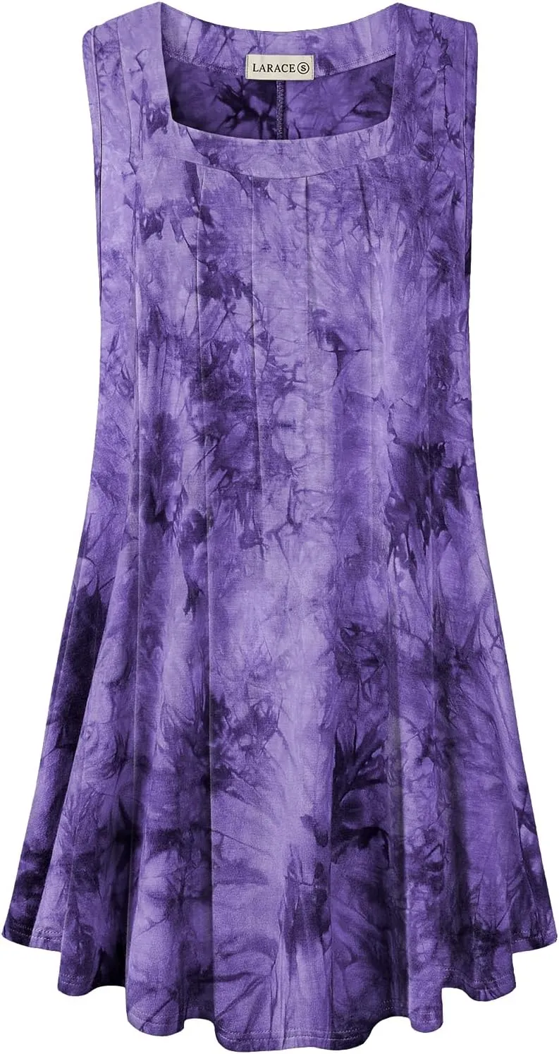 LARACE Plus Size Tops for Women Summer Square Neck Sleeveless Tunic Pleated Loose Casual Tank Tops