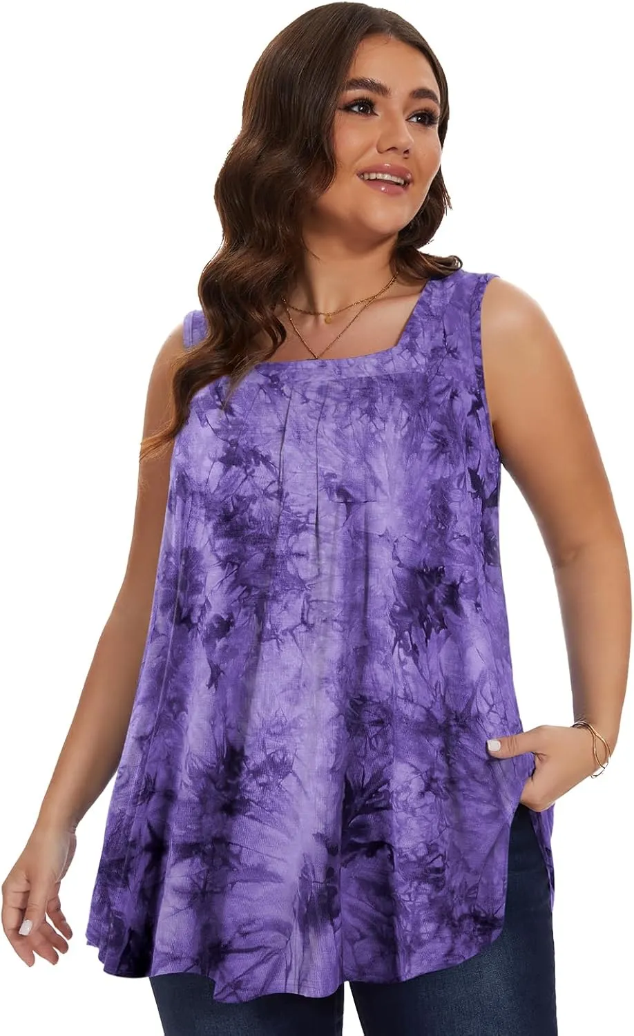 LARACE Plus Size Tops for Women Summer Square Neck Sleeveless Tunic Pleated Loose Casual Tank Tops