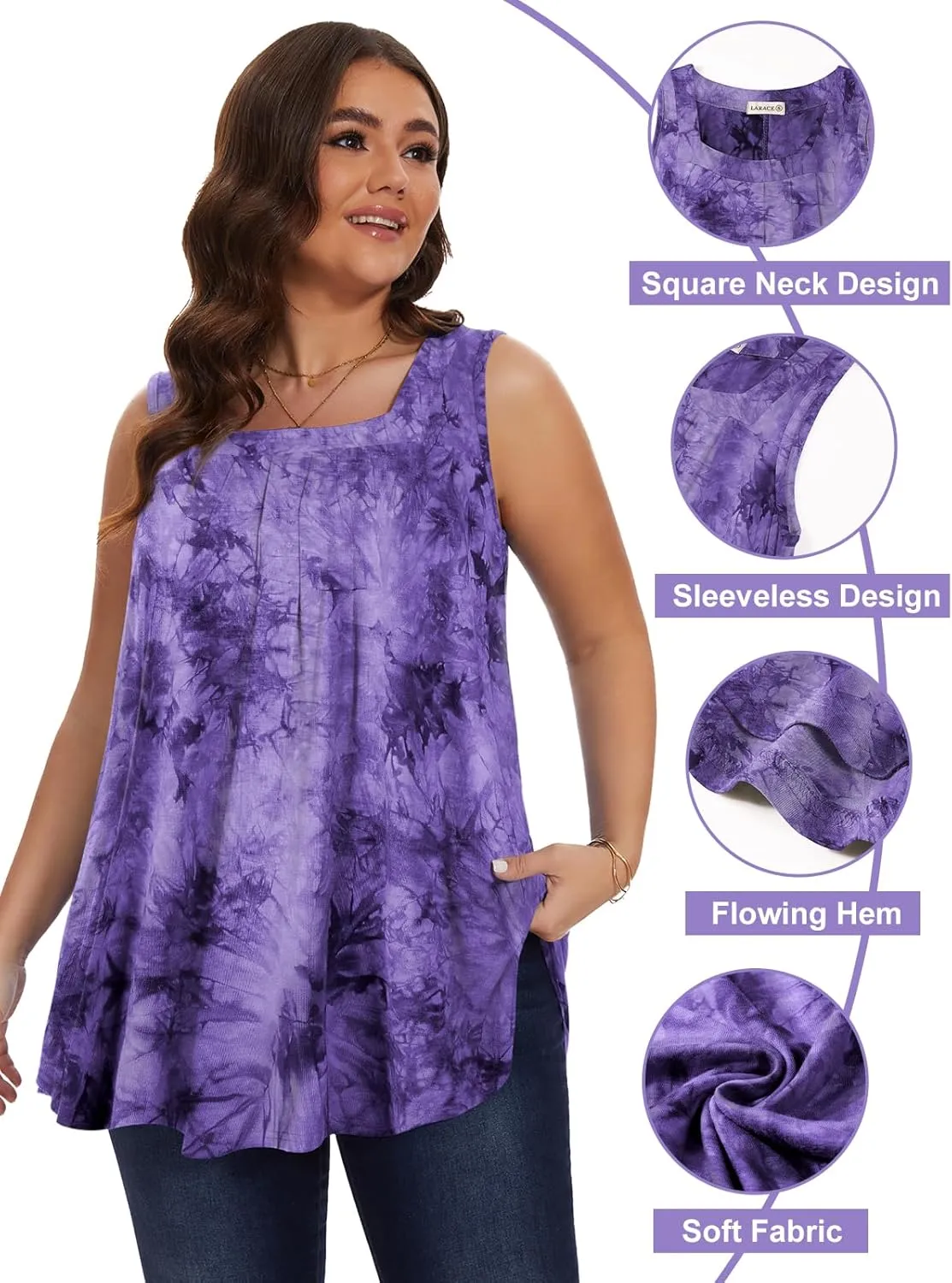 LARACE Plus Size Tops for Women Summer Square Neck Sleeveless Tunic Pleated Loose Casual Tank Tops