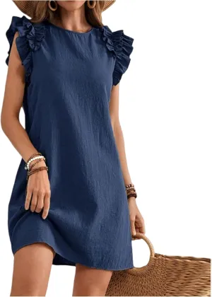 lcyhony Tshirt Dress Women Casual Summer Mini Ruffle Sleeve Crewneck Linen Dresses Loose fit Fashion Beach Vacation Sundress