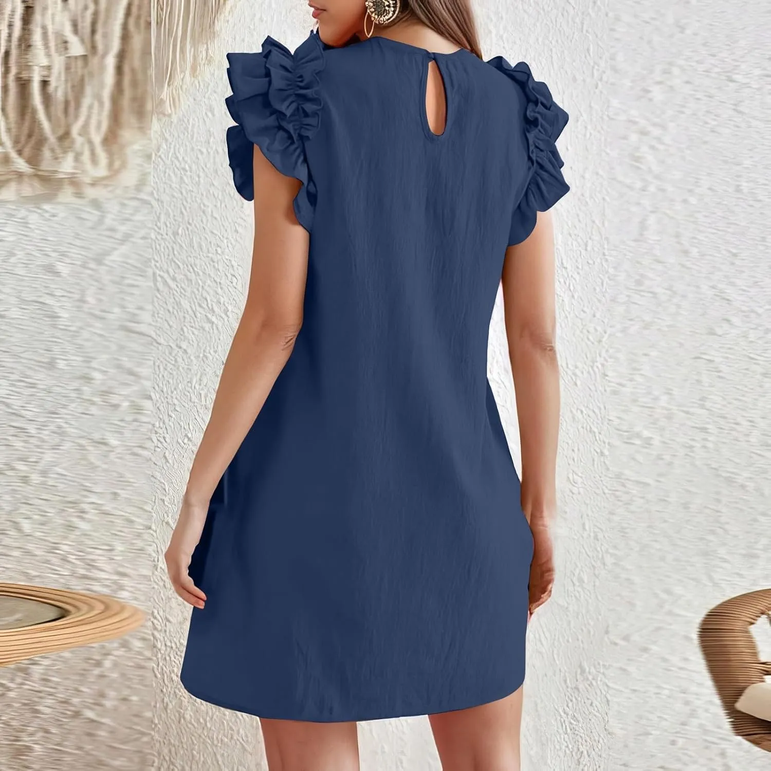 lcyhony Tshirt Dress Women Casual Summer Mini Ruffle Sleeve Crewneck Linen Dresses Loose fit Fashion Beach Vacation Sundress