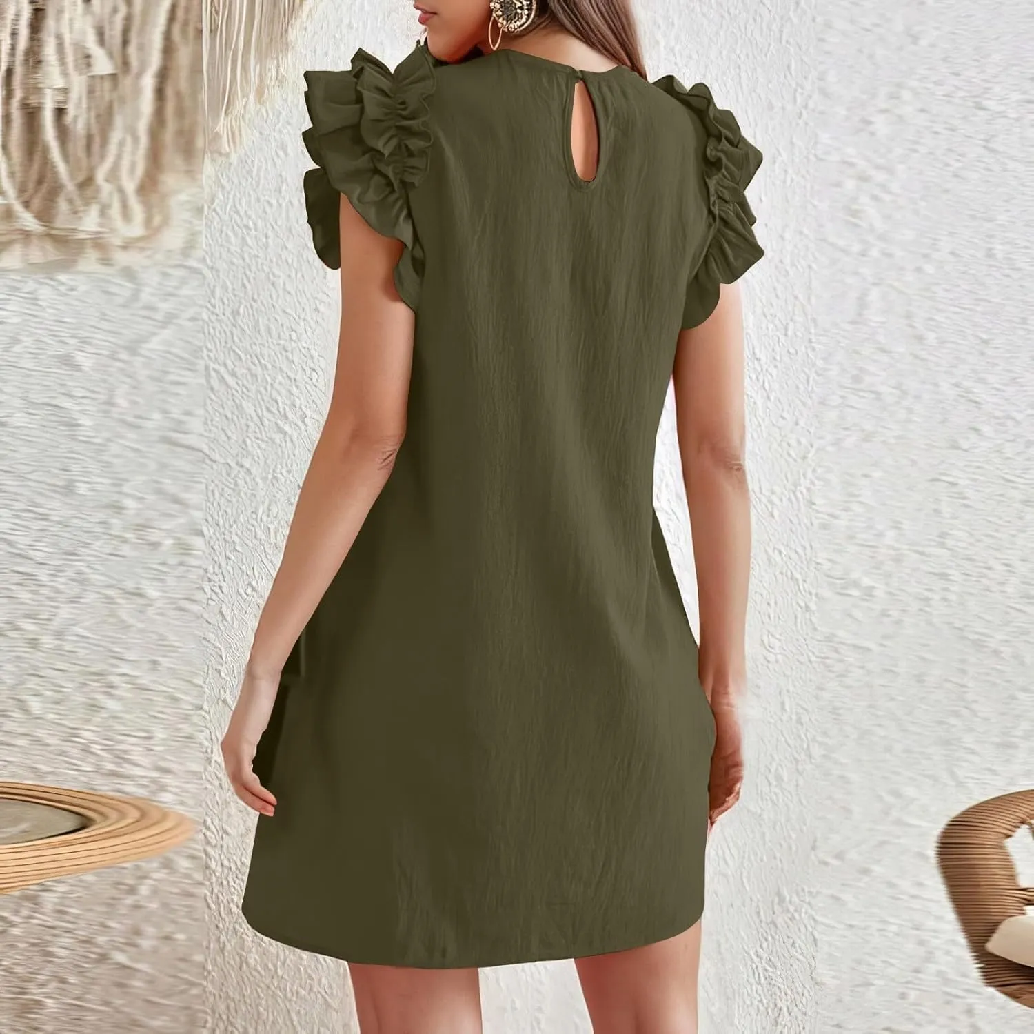 lcyhony Tshirt Dress Women Casual Summer Mini Ruffle Sleeve Crewneck Linen Dresses Loose fit Fashion Beach Vacation Sundress