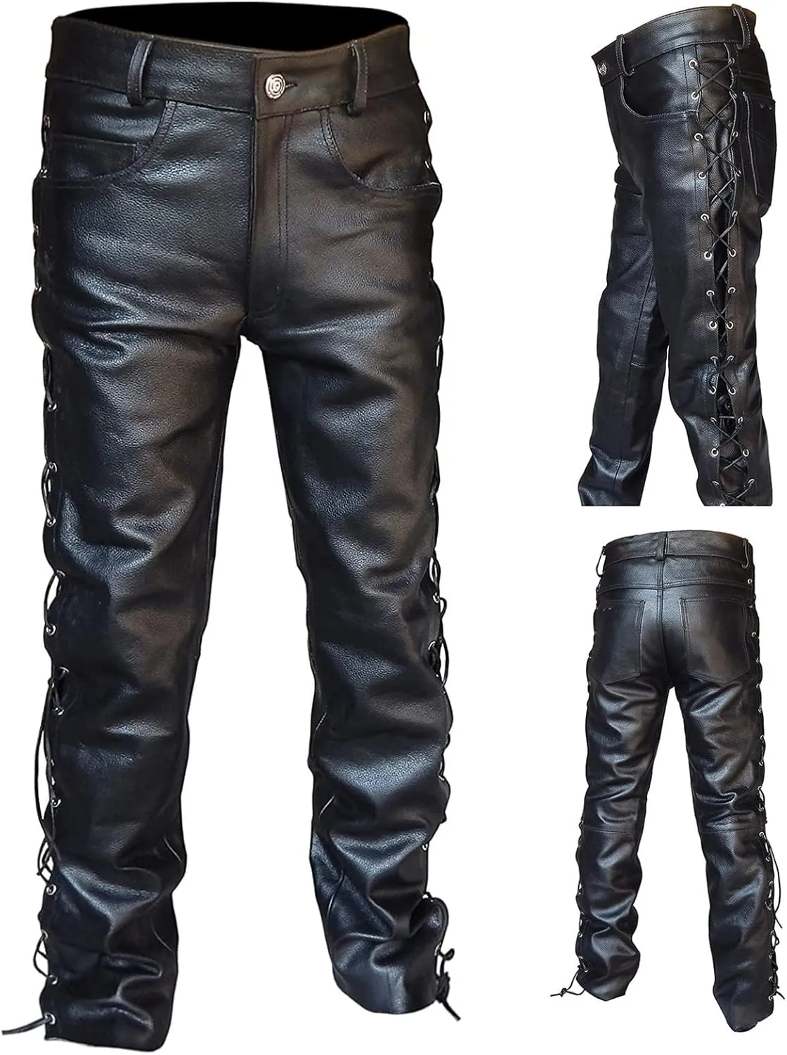 Leather Pants for Men Slim Fit Skinny Stretch Faux Leather Motorcycle Biker Pants Fashion Punk Retro Goth Hip Hop Trousers