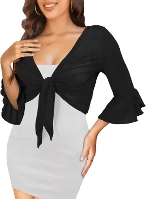 LIENRIDY Women's Tie Front Ruffle Cuffs 3/4 Sleeve Shrug Bolero Lightweight Sheer Cropped Cardigans S-XL