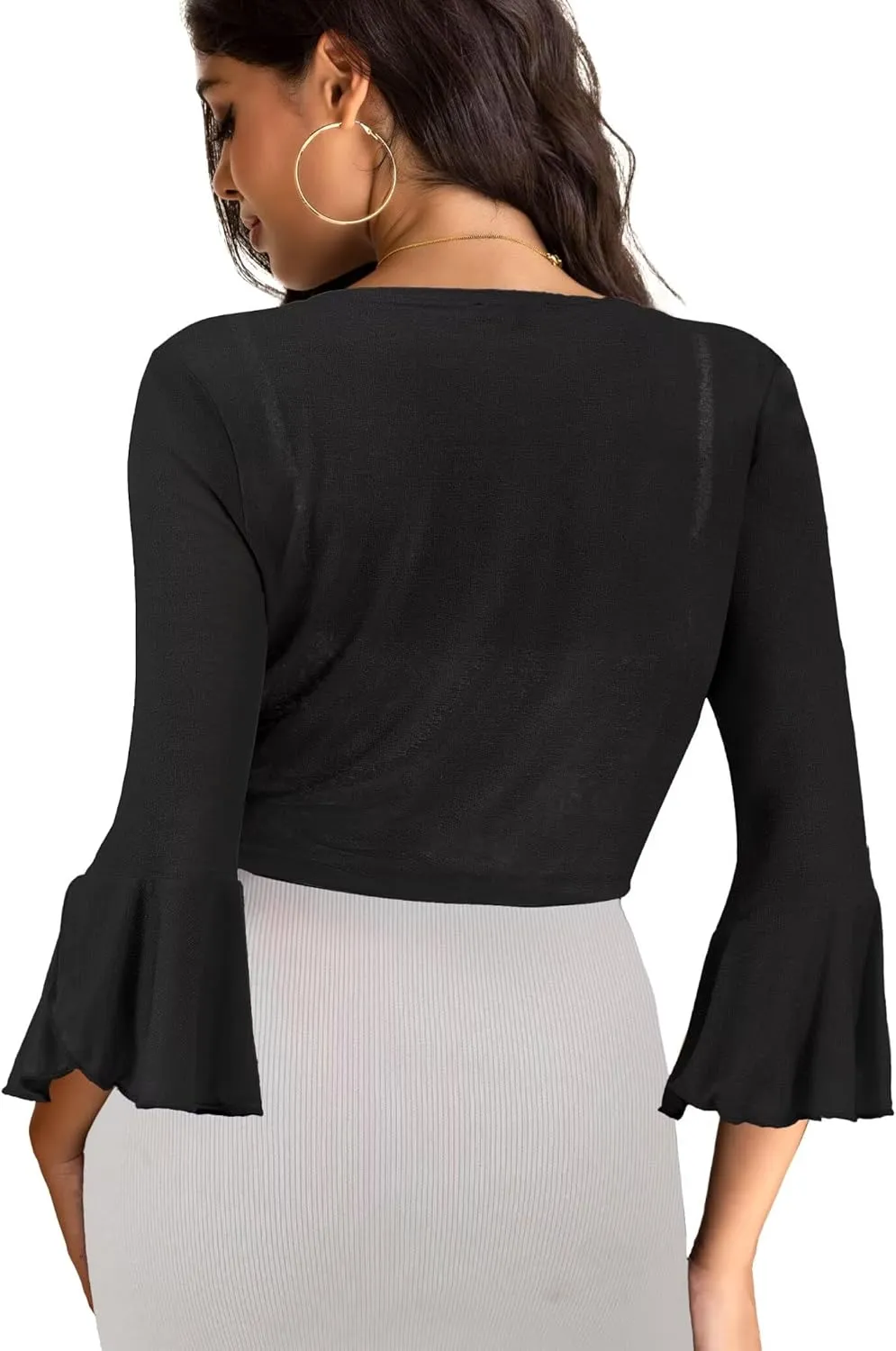 LIENRIDY Women's Tie Front Ruffle Cuffs 3/4 Sleeve Shrug Bolero Lightweight Sheer Cropped Cardigans S-XL