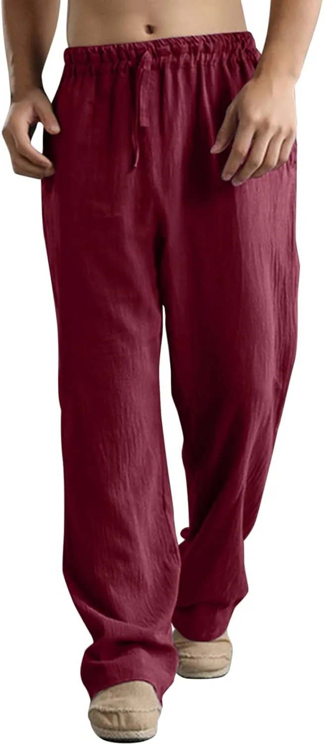 Linen Pants for Men Beach Classic Flat Front Chino Pants Casual Lightweight Straight Leg Summer Beach Trousers