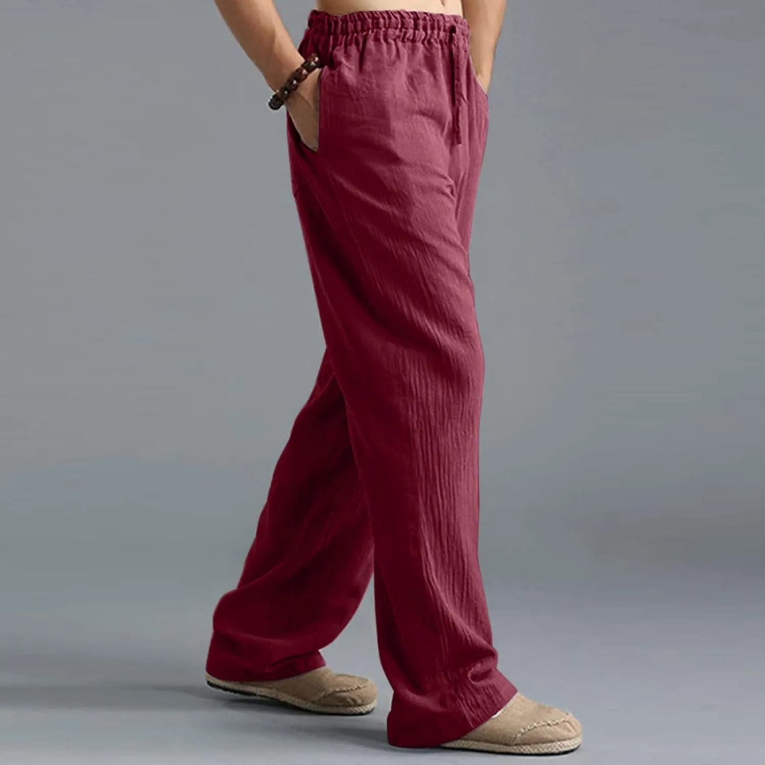 Linen Pants for Men Beach Classic Flat Front Chino Pants Casual Lightweight Straight Leg Summer Beach Trousers