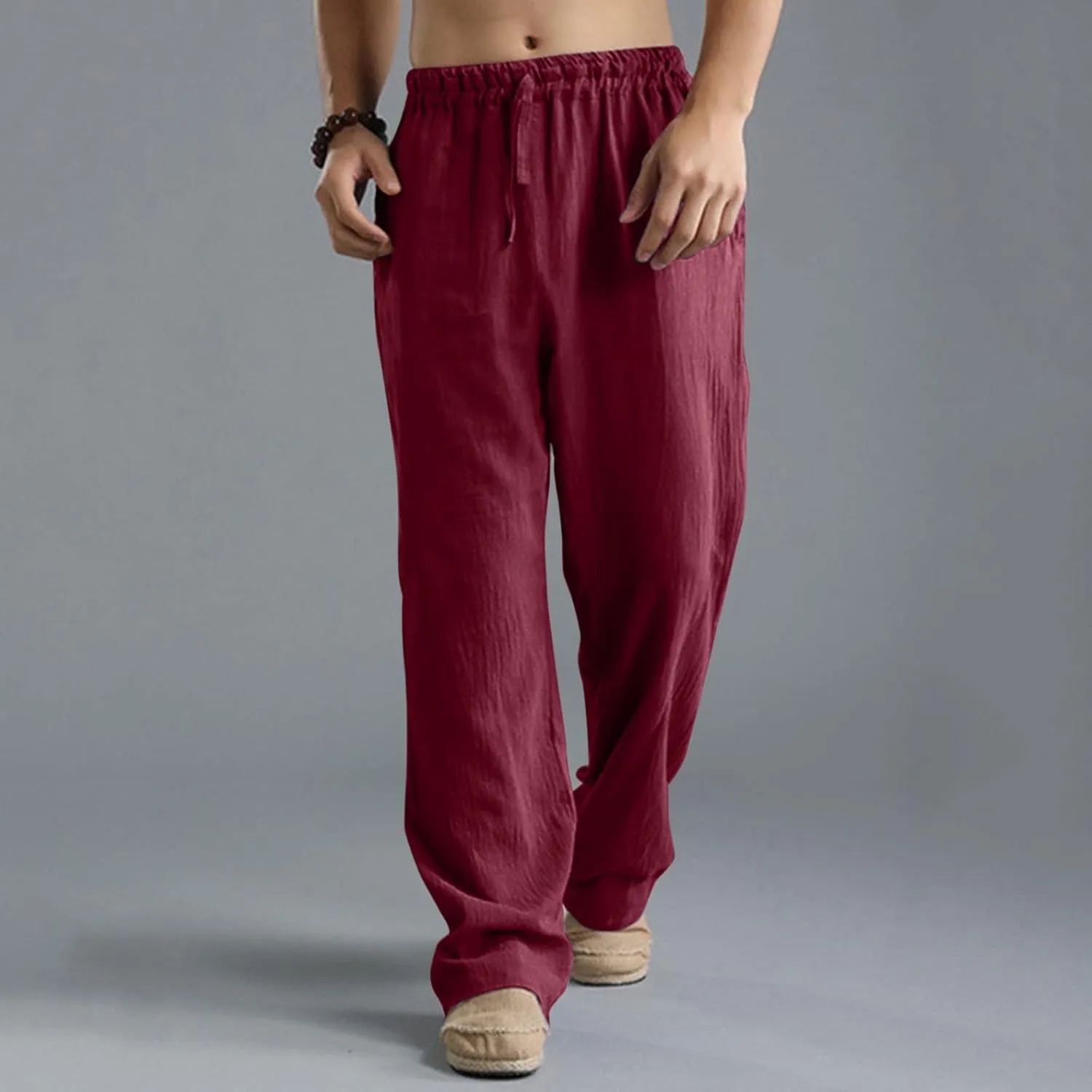 Linen Pants for Men Beach Classic Flat Front Chino Pants Casual Lightweight Straight Leg Summer Beach Trousers