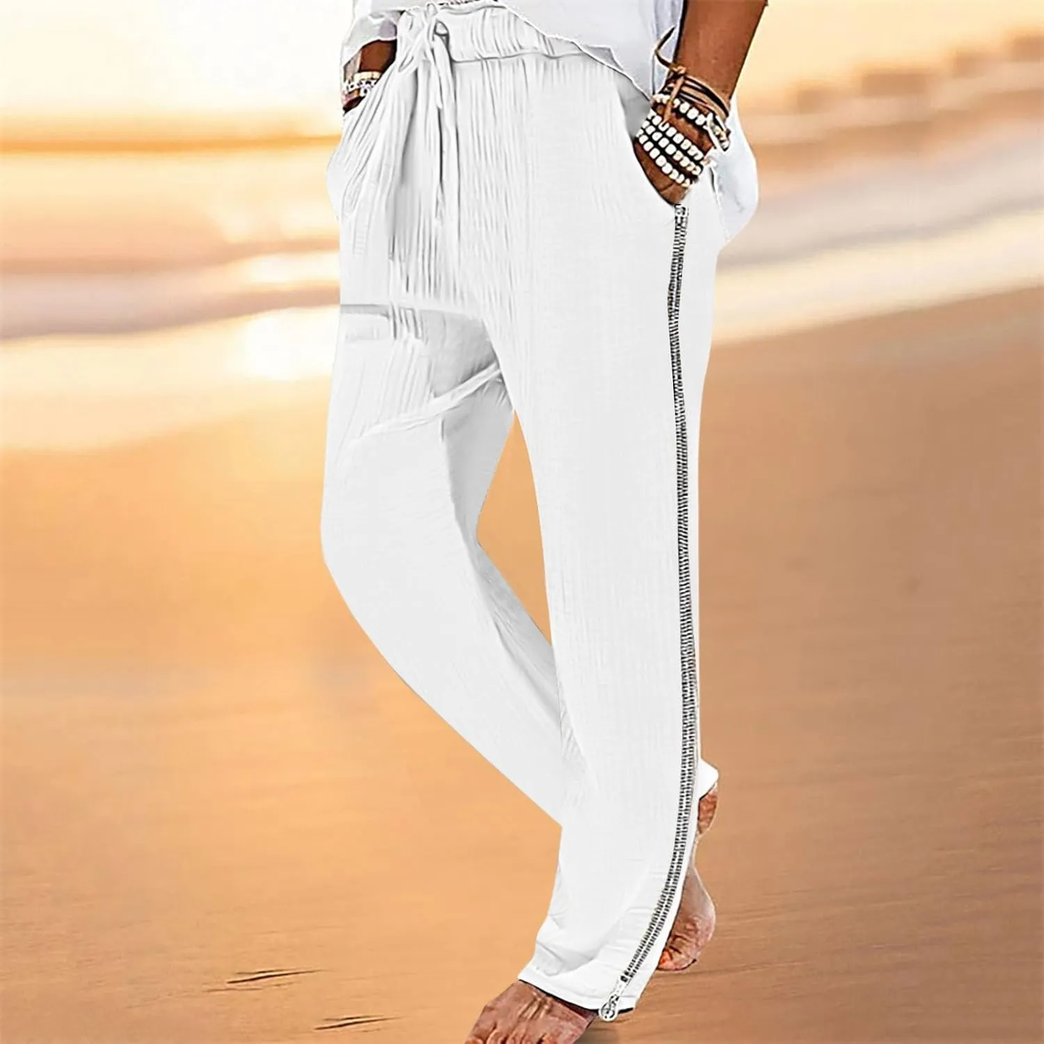 Linen Pants for Men Beach Wedding Slim Fit Drawstring Summer Pants Casual Trendy Lightweight Trousers with Pockets