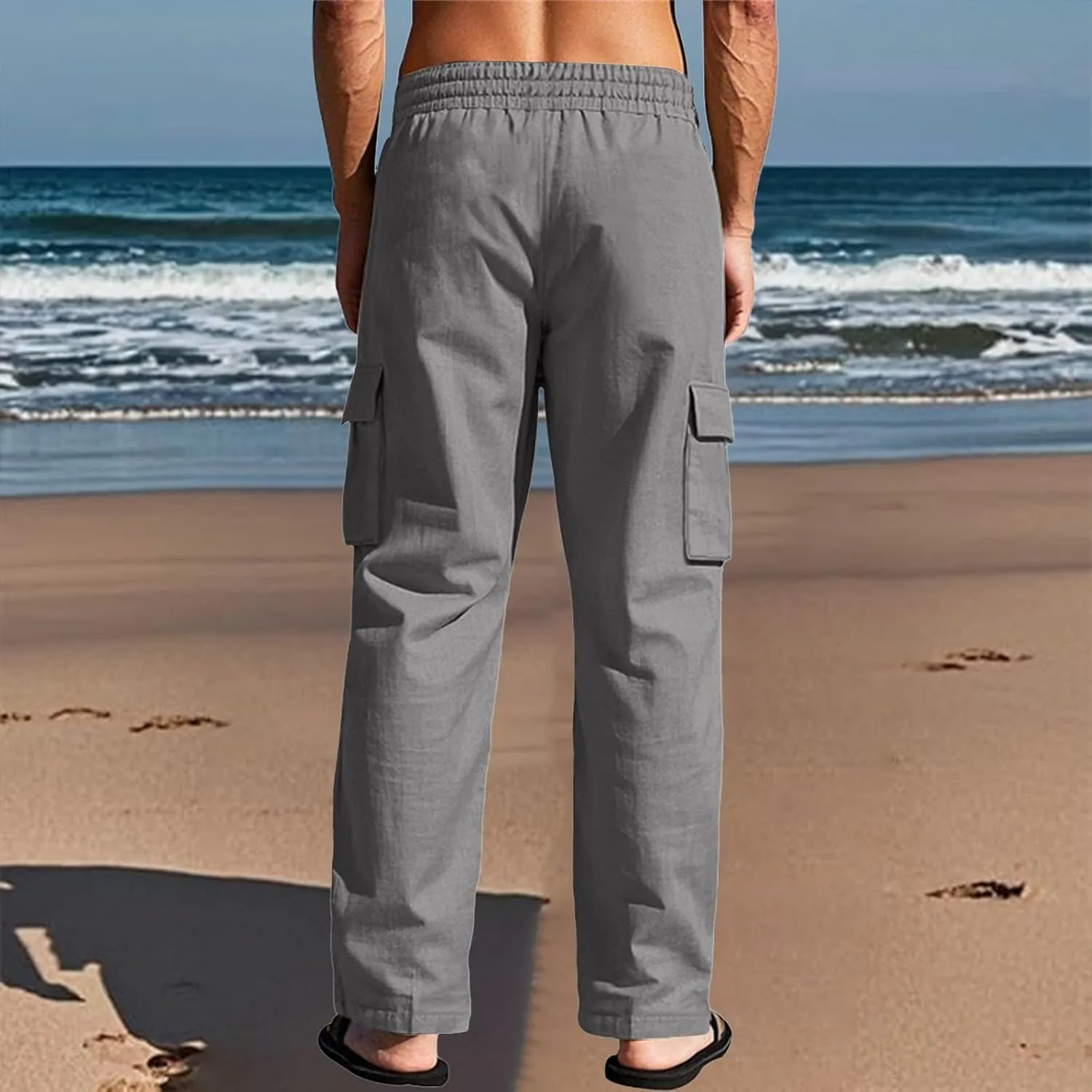 Linen Pants for Men Loose Fit Elastic Waist Drawstring Pants Slim Fit Casual Summer Lightweight Lounge Beach Trousers