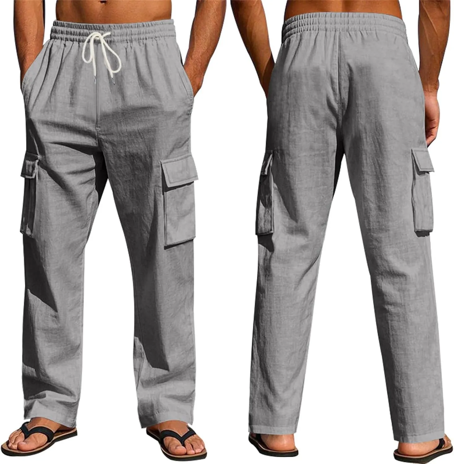 Linen Pants for Men Loose Fit Elastic Waist Drawstring Pants Slim Fit Casual Summer Lightweight Lounge Beach Trousers